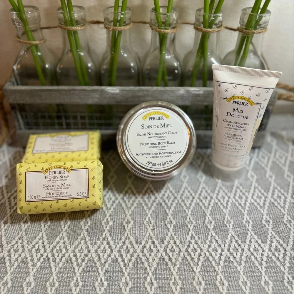 Perlier‎ Bundle. 2-Honey Soap, 1-Body Balm, 1-Soothing Hand Cream.